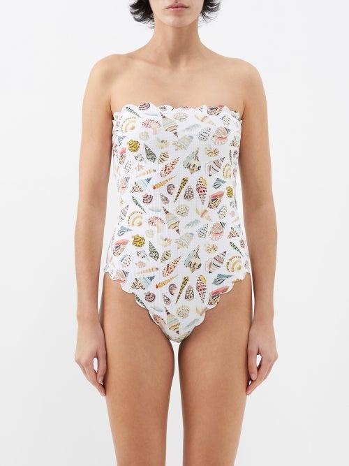 Marysia - Chesapeake Reversible Scalloped Bandeau Swimsuit - Womens - Ivory Multi
