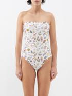 Marysia - Chesapeake Reversible Scalloped Bandeau Swimsuit - Womens - Ivory Multi