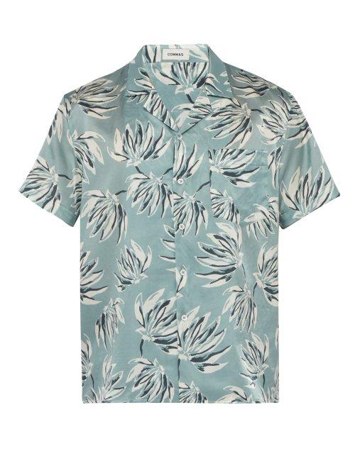 Matchesfashion.com Commas - Banana Leaf Print Short Sleeved Silk Blend Shirt - Mens - Light Blue
