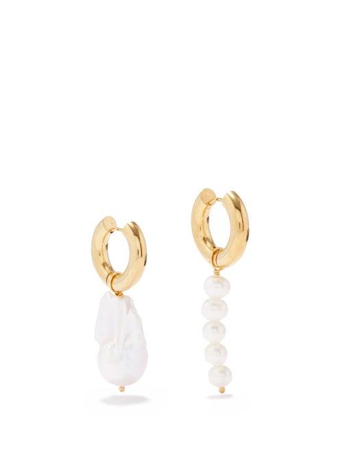Timeless Pearly - Mismatched Pearl & Gold-plated Hoop Earrings - Womens - Pearl