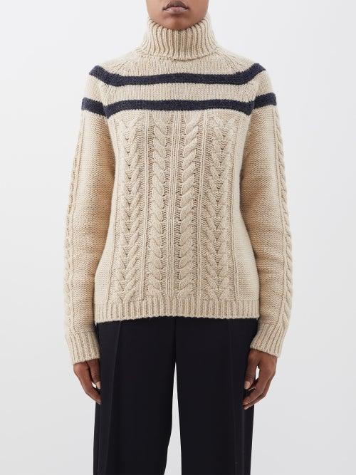 Moncler - Cable-knit Cashmere Blend Roll-neck Sweater - Womens - Cream Multi