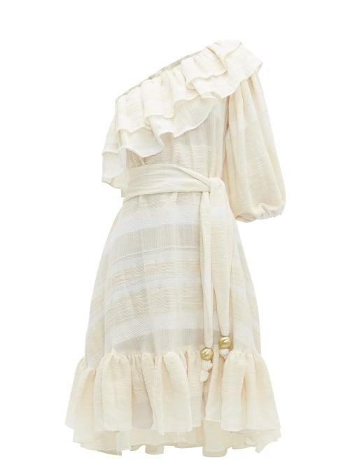 Matchesfashion.com Lisa Marie Fernandez - Arden Ruffled One Shoulder Cotton Dress - Womens - Cream Stripe