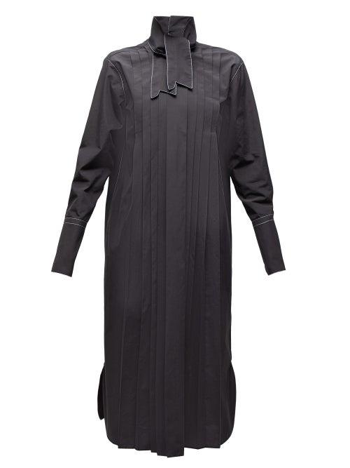 Matchesfashion.com Marni - Neck Tie Pleated Cotton Shirtdress - Womens - Black