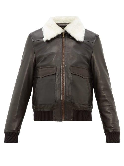 Matchesfashion.com Wales Bonner - Shearling Collar Leather Aviator Jacket - Mens - Black Green