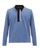 Matchesfashion.com Dunhill - Stripe-collar Cotton-blend Long-sleeved Polo Shirt - Mens - Light Blue