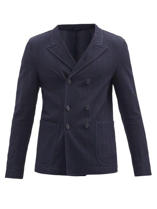 Matchesfashion.com Giorgio Armani - Double-breasted Herringbone-poplin Blazer - Mens - Navy