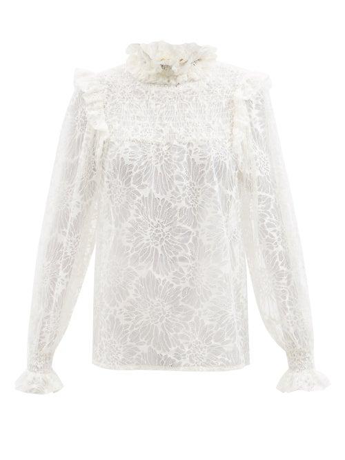 Saint Laurent - Camellia Ruffled Cotton-blend Lace Top - Womens - White