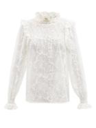 Saint Laurent - Camellia Ruffled Cotton-blend Lace Top - Womens - White