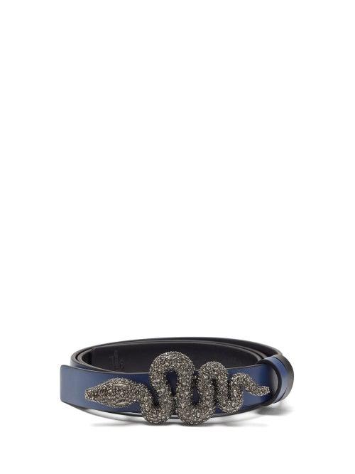Matchesfashion.com Valentino Garavani - Crystal-embellished Snake-buckle Leather Belt - Womens - Navy