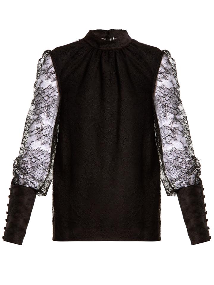 Lanvin Band-collar Semi-sheer Floral-lace Blouse