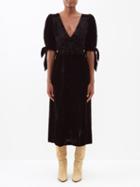 Sea - Mayde Puff-sleeve Smocked Velvet Midi Dress - Womens - Black