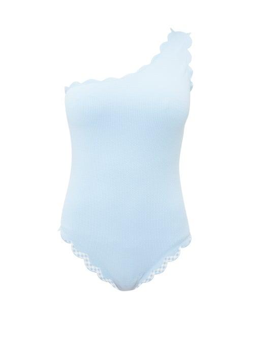 Matchesfashion.com Marysia - Santa Barbara One Shouldered Seersucker Swimsuit - Womens - Light Blue