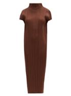 Matchesfashion.com Pleats Please Issey Miyake - Pleated High-neck Midi Dress - Womens - Brown