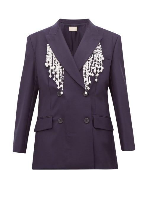 Matchesfashion.com Christopher Kane - Faux Pearl Fringed Double Breasted Wool Blazer - Womens - Navy