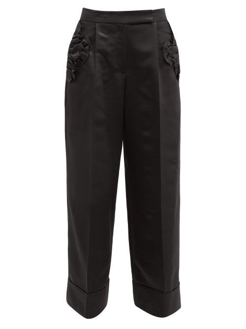 Matchesfashion.com Simone Rocha - Ruffled Pocket Satin Wide Leg Trousers - Womens - Black