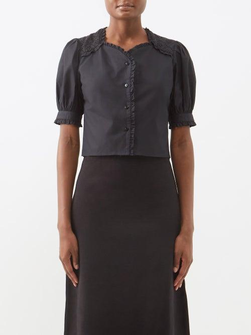 Batsheva - Thea Puff-sleeve Cotton-poplin Blouse - Womens - Black