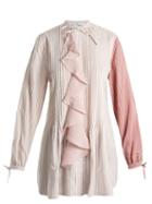 Matchesfashion.com Jw Anderson - Ruffled Front Striped Silk Charmeuse Tunic Top - Womens - Pink Multi