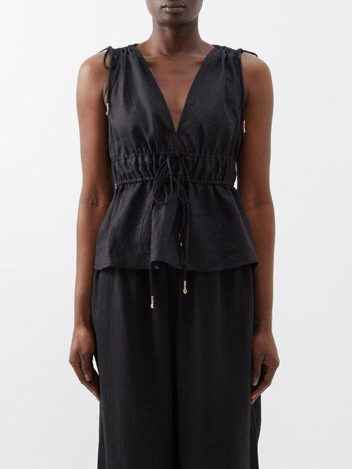 Staud - Kendra V-neck Drawstring Linen Sleeveless Top - Womens - Black