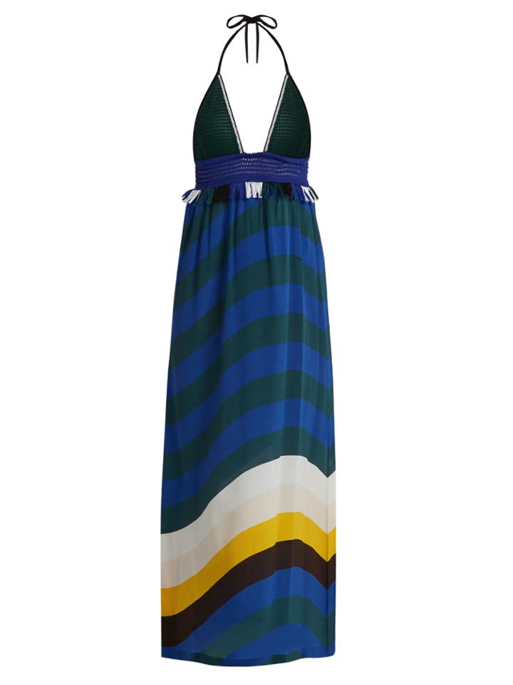 Fendi Wave-print Crochet And Silk-crepe Halterneck Dress