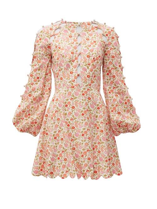 Matchesfashion.com Zimmermann - Goldie Floral Print Linen Blend Mini Dress - Womens - Pink
