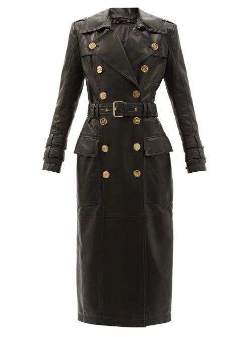 Ladies Rtw Balmain - Double-breasted Leather Trench Coat - Womens - Black