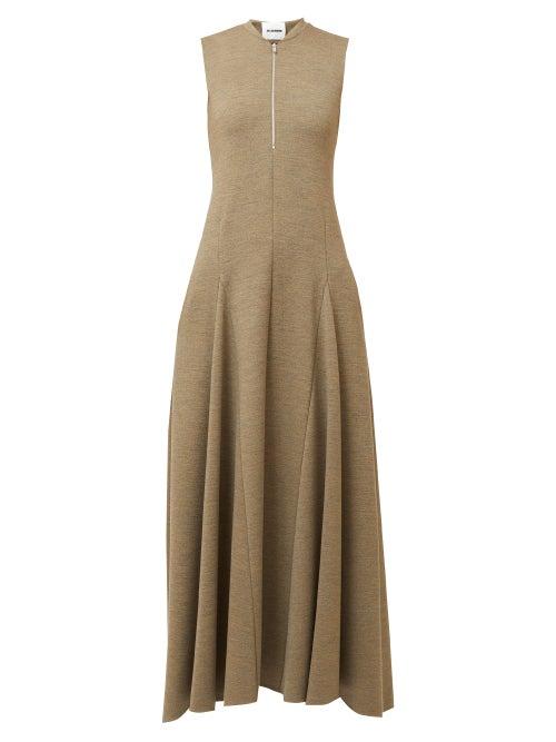 Matchesfashion.com Jil Sander - Nicole Godet-panel Zip-front Wool Midi Dress - Womens - Mid Brown
