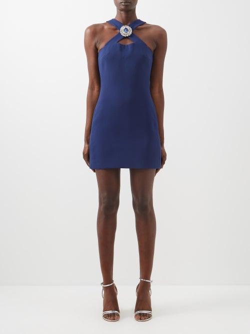 David Koma - Crystal-brooch Crepe Halterneck Mini Dress - Womens - Navy Silver