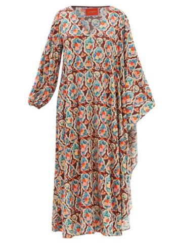 La Doublej - Opera Cape-sleeve Matisse-print Twill Maxi Dress - Womens - Red Multi
