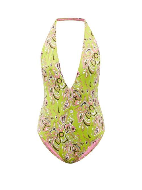 Emilio Pucci - Africana-print Plunge-neck Swimsuit - Womens - Green Print