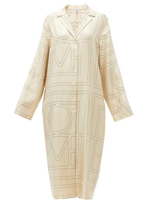 Matchesfashion.com Totme - Anet Monogram-embroidered Silk Midi Shirt Dress - Womens - Ivory