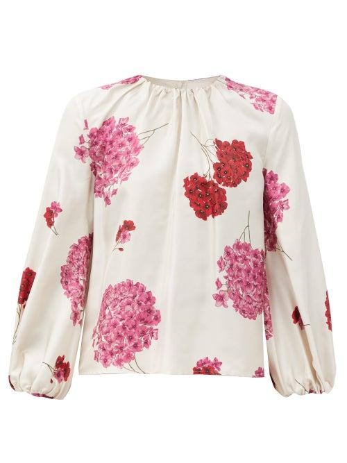 Matchesfashion.com La Doublej - Charming Gathered Floral-print Silk-faille Blouse - Womens - White Print