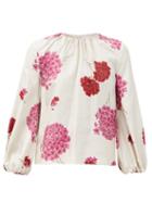 Matchesfashion.com La Doublej - Charming Gathered Floral-print Silk-faille Blouse - Womens - White Print