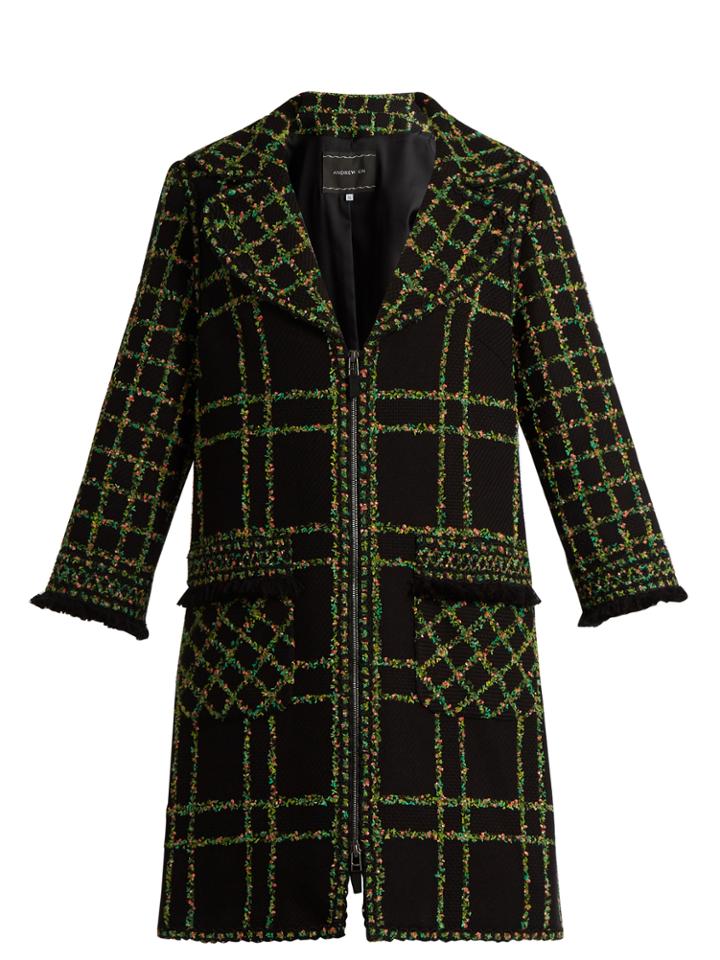 Andrew Gn Checked Fringe-trimmed Fil Coup Cotton-blend Coat