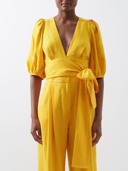 Three Graces London - Imelda Tie-side Linen Crop Top - Womens - Mustard