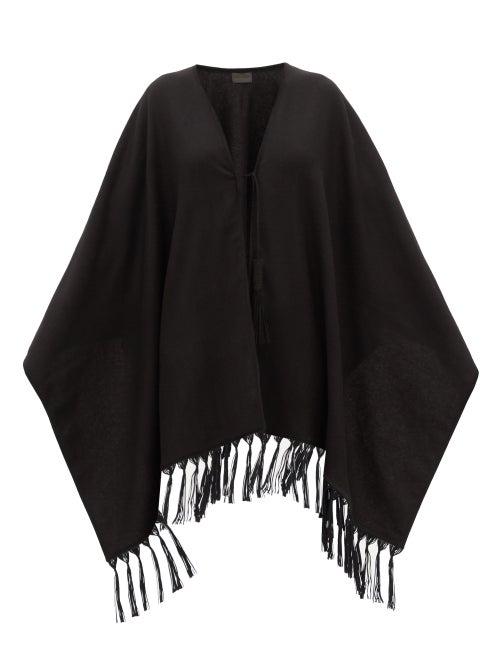 Saint Laurent - Leather-trimmed Fringed Cashmere Poncho - Womens - Black