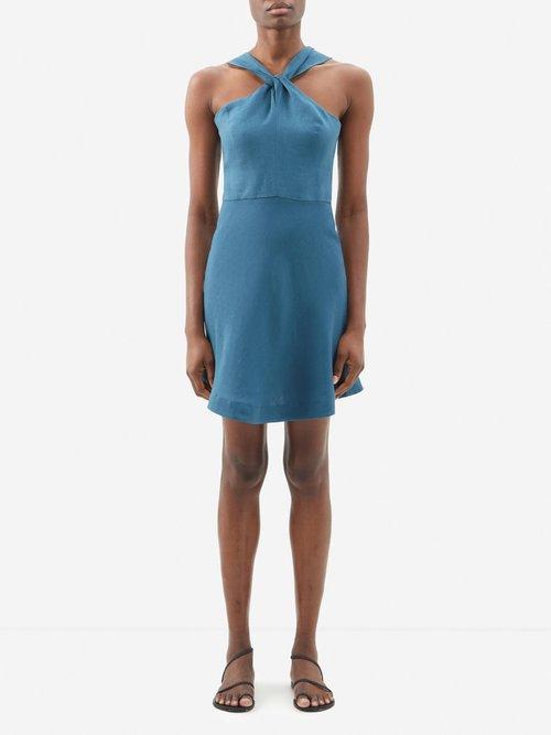 Casa Raki - Gala Organic-linen Voile Halterneck Mini Dress - Womens - Dark Blue