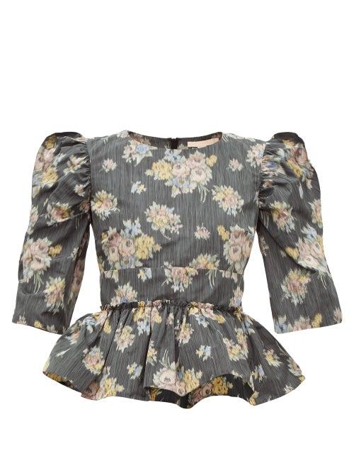 Matchesfashion.com Brock Collection - Peplum-hem Floral-jacquard Top - Womens - Black Multi