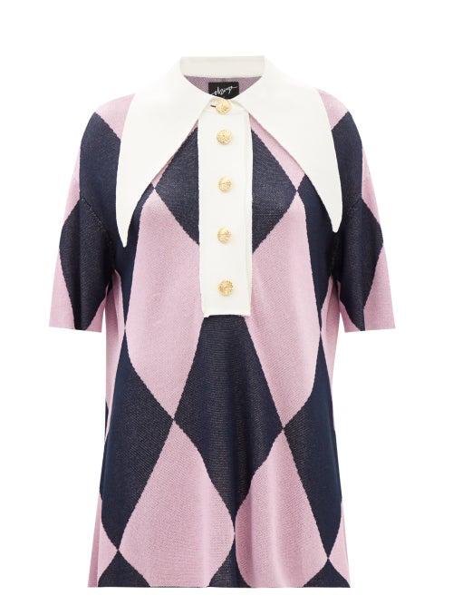 Elzinga - Exaggerated-collar Diamond-check Knit Mini Dress - Womens - Pink Multi
