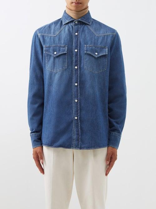 Brunello Cucinelli - Western-yolk Washed-denim Shirt - Mens - Blue