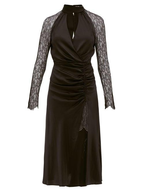 Matchesfashion.com Jonathan Simkhai - Lace Sleeve Ruched Front Silk Blend Dress - Womens - Black