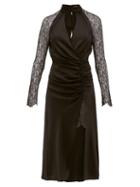 Matchesfashion.com Jonathan Simkhai - Lace Sleeve Ruched Front Silk Blend Dress - Womens - Black