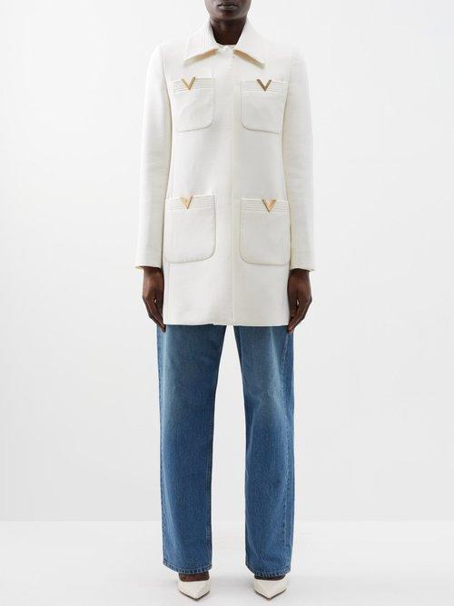 Valentino - V-logo Patch-pocket Worsted-wool Coat - Womens - White