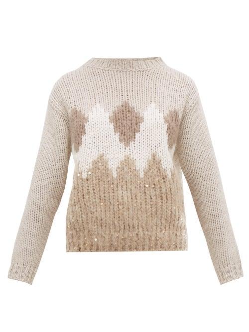 Matchesfashion.com Brunello Cucinelli - Pattern Intarsia Virgin Wool Blend Sweater - Womens - Beige Multi