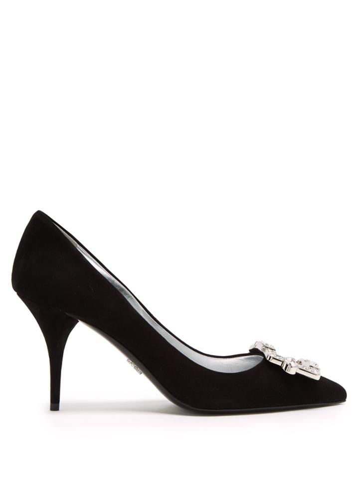 Prada Crystal-buckle Suede Pumps