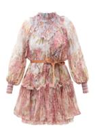 Matchesfashion.com Zimmermann - Botanica Smocked Floral-print Silk Mini Dress - Womens - Pink Print