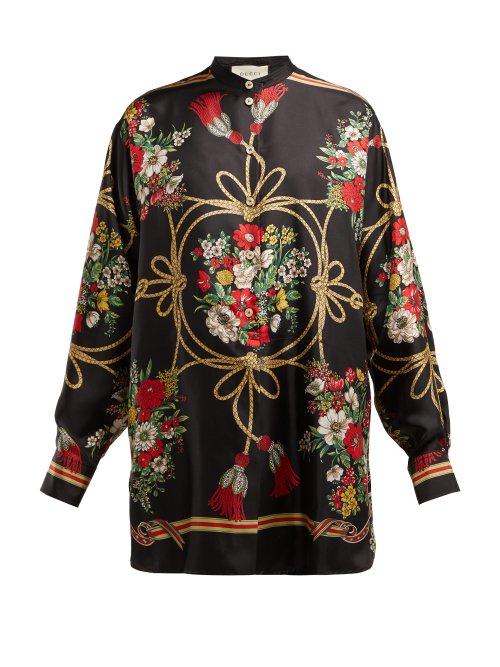 Matchesfashion.com Gucci - Floral And Tassel Print Silk Twill Blouse - Womens - Black Print