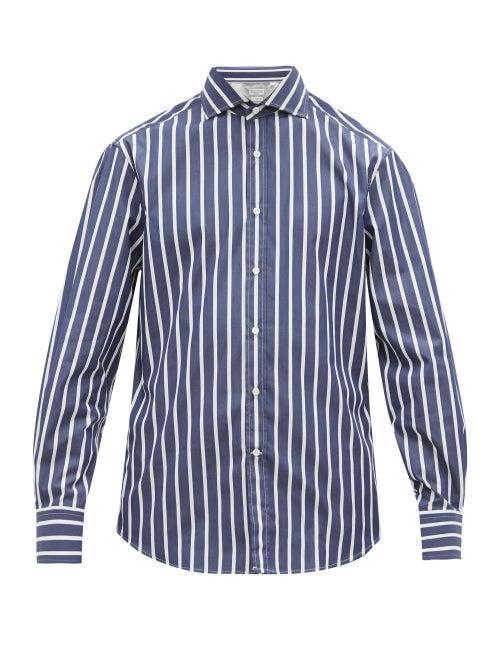 Matchesfashion.com Brunello Cucinelli - Slim Fit Striped Cotton Poplin Shirt - Mens - Navy