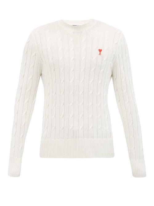 Matchesfashion.com Ami - Logo-patch Cabled-rib Cotton-blend Sweater - Mens - Cream