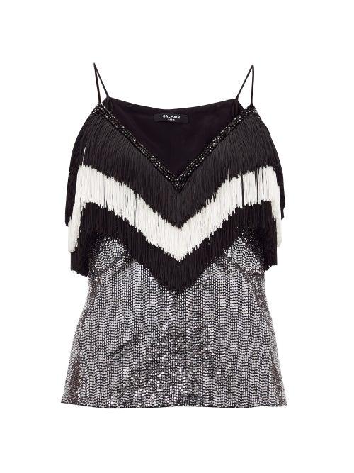 Matchesfashion.com Balmain - Fringed Sequinned Top - Womens - Black White