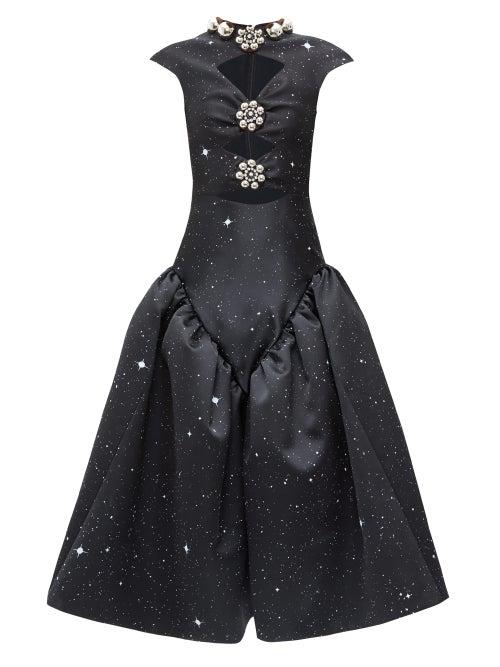 Matchesfashion.com Christopher Kane - Embellished Star-print Cutout Satin Dress - Womens - Black